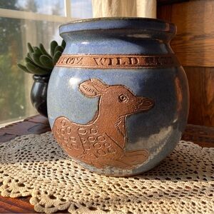 Vintage 1987 Studio Pottery Minnesota Wild Rice Blue Canister Crock Handmade EUC